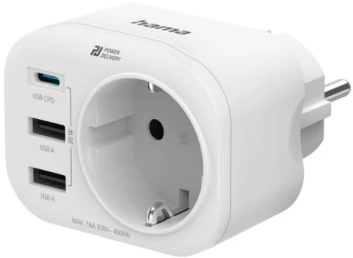 Hama Μονόπριζο Multiple Wall Socket  USB-C PD,2xUSB-A, 4fold