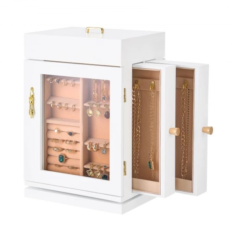 VEVOR Jewelry Box 360° Rotating Jewelry Organizer with 4 Necklace Hooks White