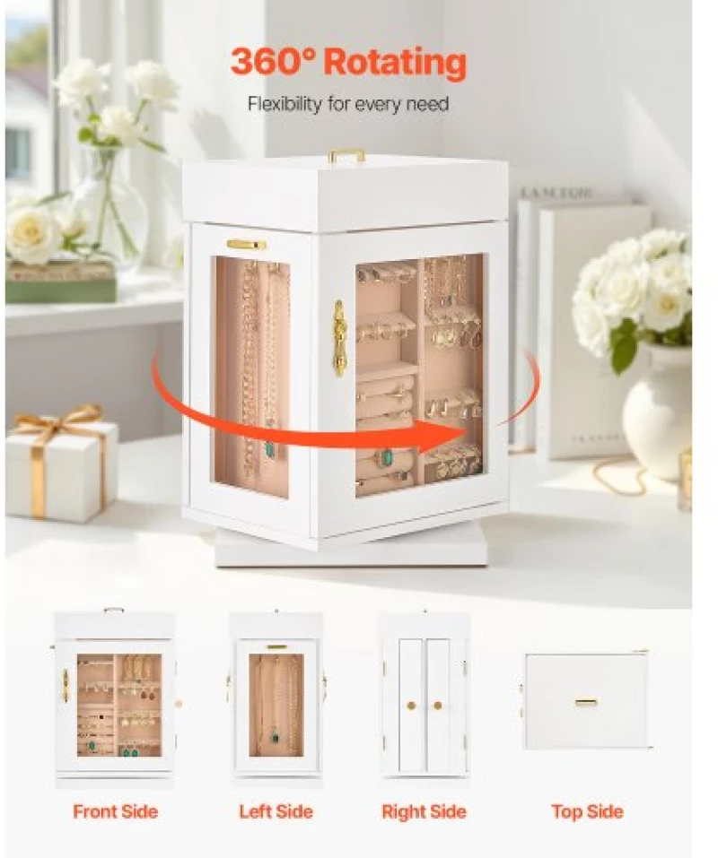 VEVOR Jewelry Box 360° Rotating Jewelry Organizer with 4 Necklace Hooks White