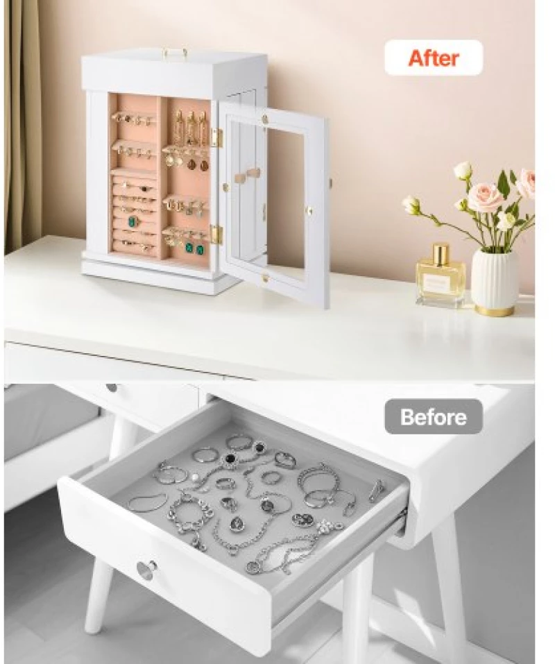 VEVOR Jewelry Box 360° Rotating Jewelry Organizer with 4 Necklace Hooks White