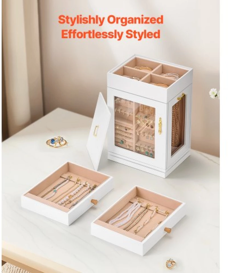 VEVOR Jewelry Box 360° Rotating Jewelry Organizer with 4 Necklace Hooks White