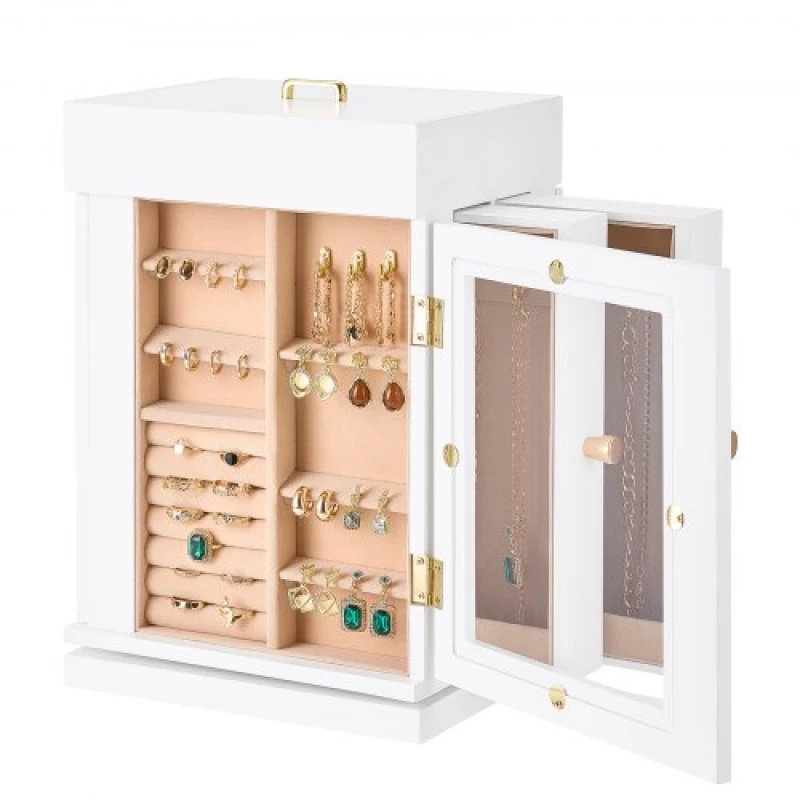VEVOR Jewelry Box 360° Rotating Jewelry Organizer with 4 Necklace Hooks White