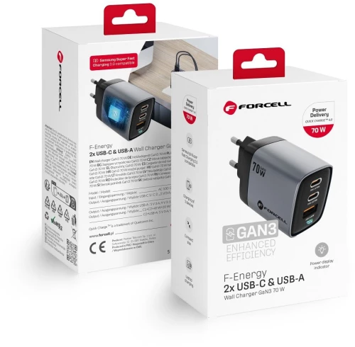 FORCELL F-ENERGY GaN III VT-37 travel charger with display LCD 2 x Type C + USB A PD QC4.0 SAM SFC2.0 3,45A 70W gray