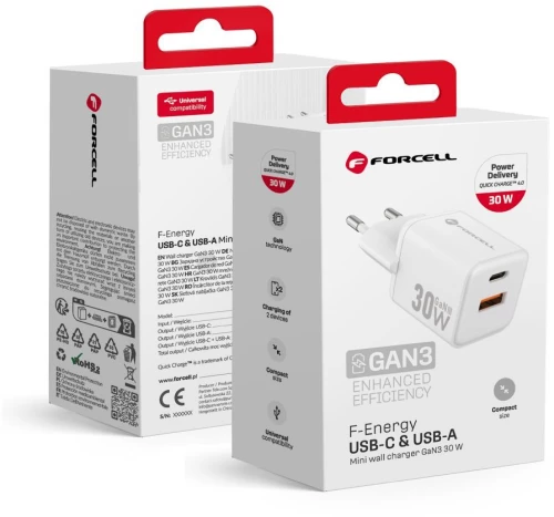 FORCELL F-ENERGY Mini GaN III VT-35 travel charger with 1 x Type C + 1x USB A sockets, PD QC4.0 30W white