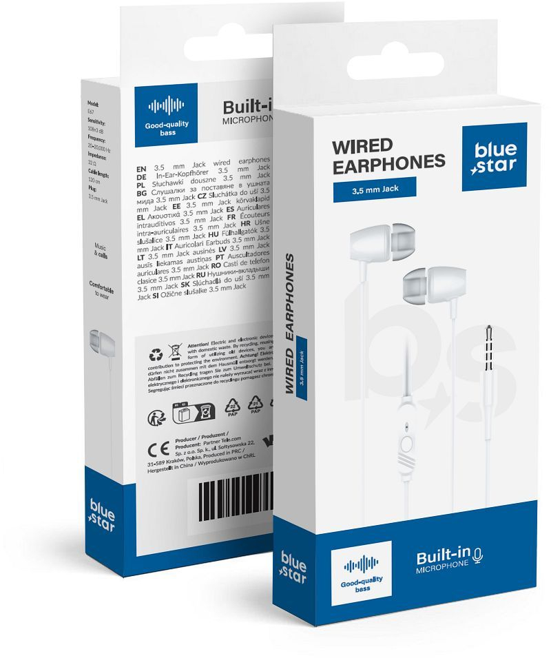 Wire earbuds Jack 3,5 mm Blue Star PA-E67 1,2 m white