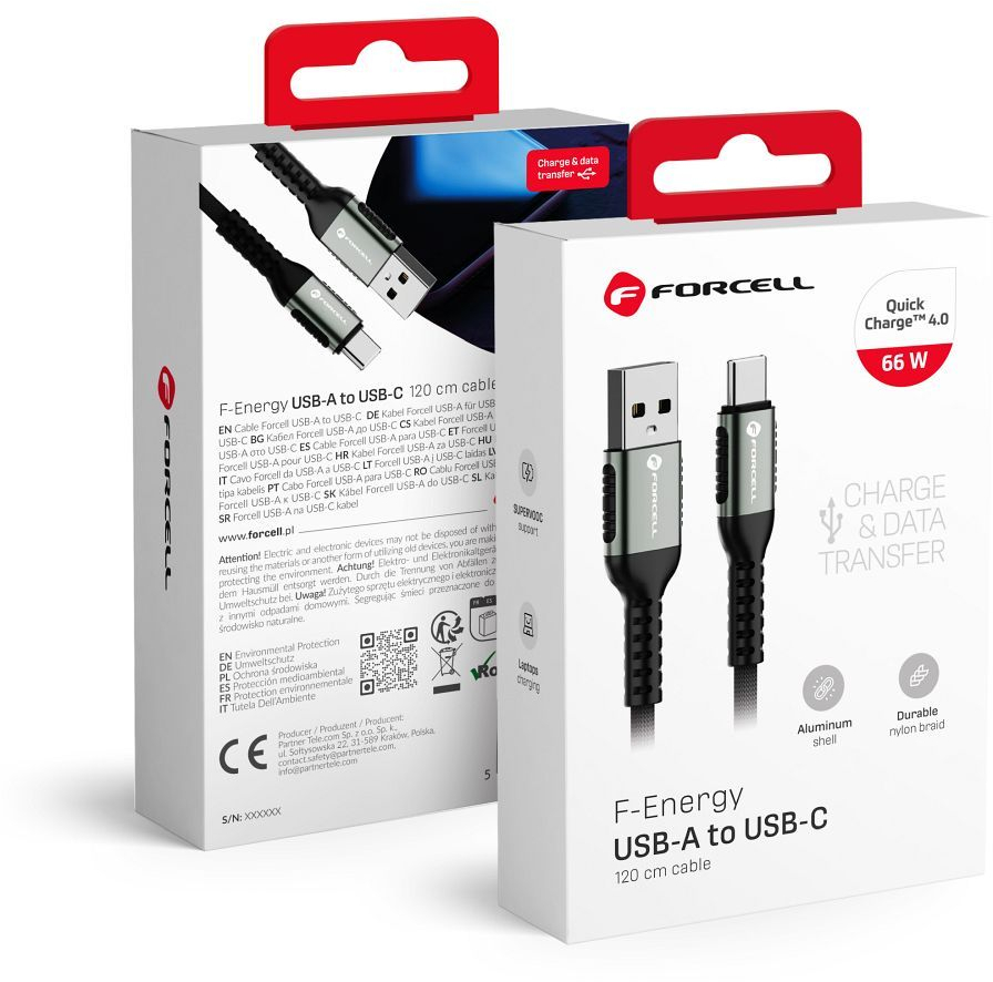 FORCELL F-ENERGY C256 cable USB A to Type C QC4.0 3A 66W Cafule 1,2 m black