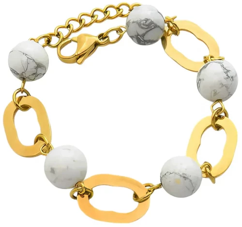 Ατσάλινο Βραχιόλι με Λευκές Χάντρες και Χρυσούς Οβάλ Κρίκους (B3427)