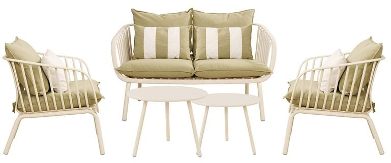 WOODWELL Ε322,SASTRID Set Σαλόνι Κήπου 5τεμ, PP & Μέταλλο Cream, Μαξιλάρια Sandy Green 2 Πολυθρ+1 Καναπ+2 Τραπεζάκια Ε322,S