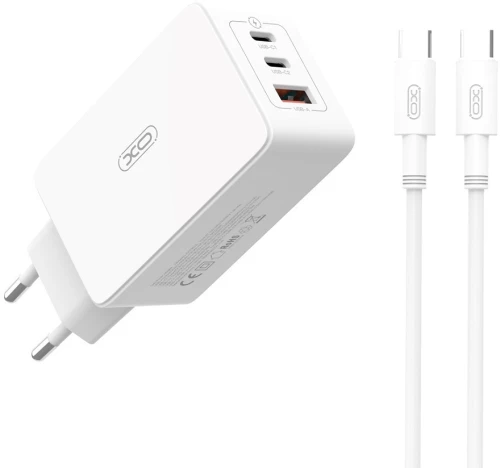 XO Σετ Φορτιστής Σπιτιού 2x Θύρες USB-C / 1x Θύρα USB με Καλώδιο USB-C σε USB-C 65W - Λευκό