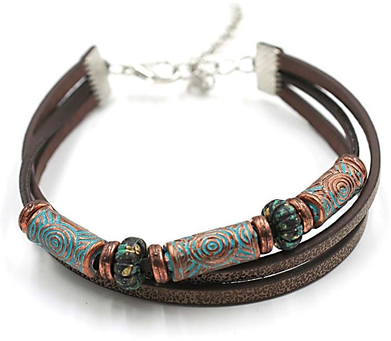 ΒΡΑΧΙΟΛΙ UNISEX τριπλό σε έθνικ στυλ με δέρμα και χάντρες.