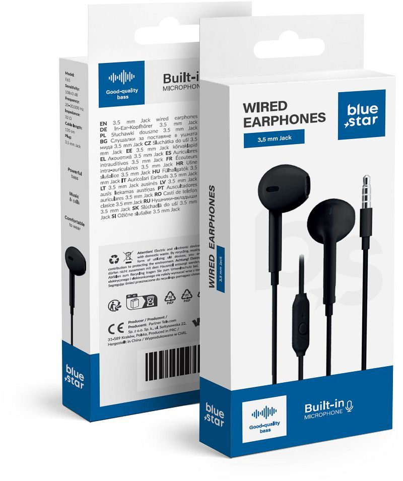Wire earbuds Jack 3,5 mm Blue Star PA-E65 1,2 m black