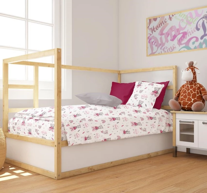 Σετ Σεντόνια Κούνιας (120x160) Cloudy Bear 582 White-Pink βαμβακερά Dimcol