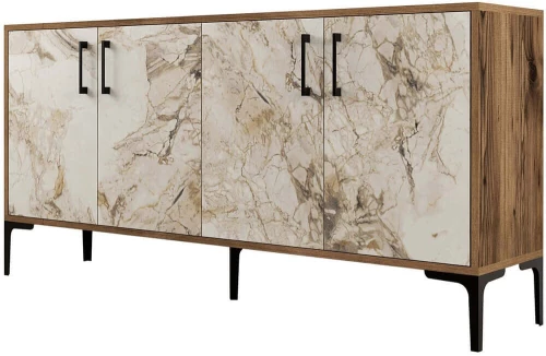 Μπουφές Kiev 845HCT5324 160x35x78cm Marble Effect White-Walnut Μοριοσανίδα, Μέταλλο