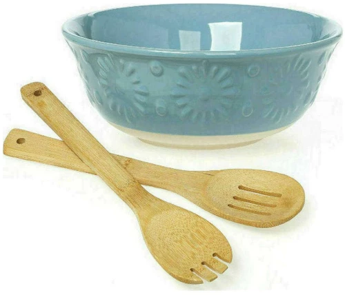 Σαλατιέρα Πορσελάνινη Με Κουτάλες Bamboo Flower (Σετ 3Τμχ) 37.055.90 27x10cm Petrol Cryspo Trio Large Κεραμικό