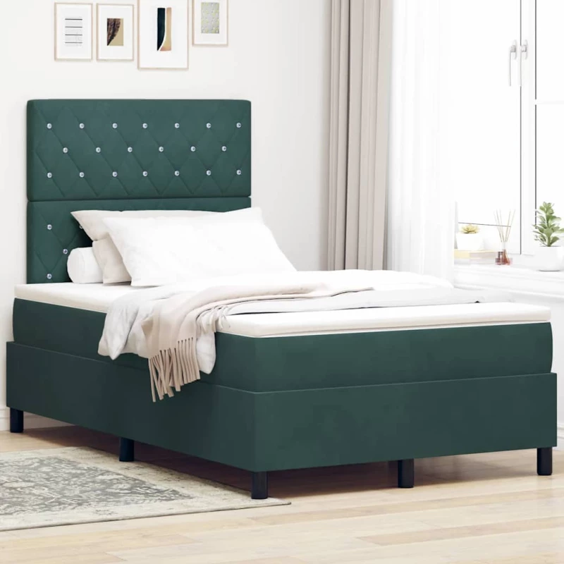 vidaXL Κρεβάτι Box Spring με Στρώμα Σκούρο Πράσινο Μικρό Διπλό Βελούδο
