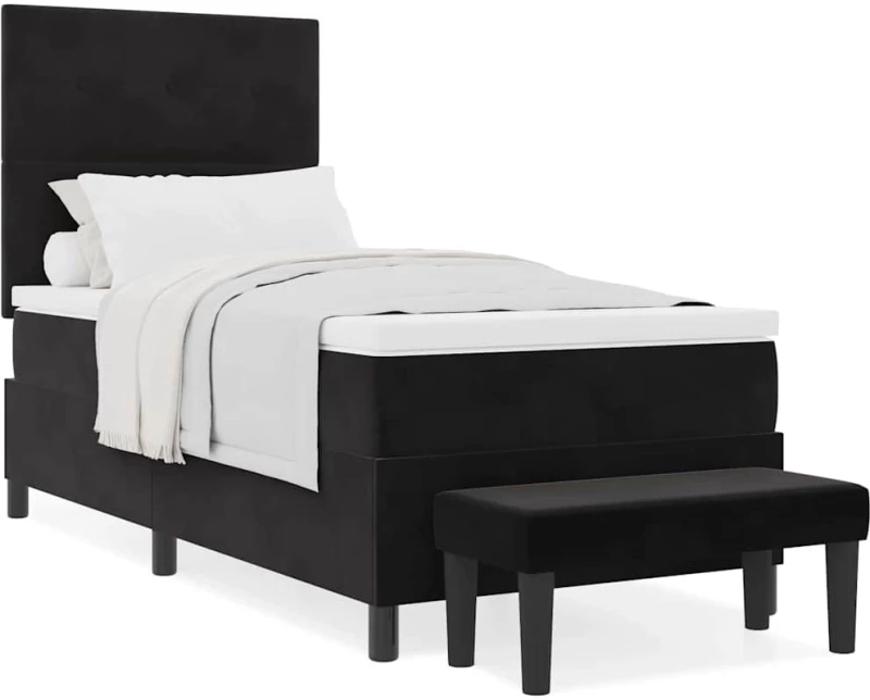vidaXL Κρεβάτι Box Spring με Στρώμα & Παγκάκι Μαύρο 90x200 εκ Βελούδο