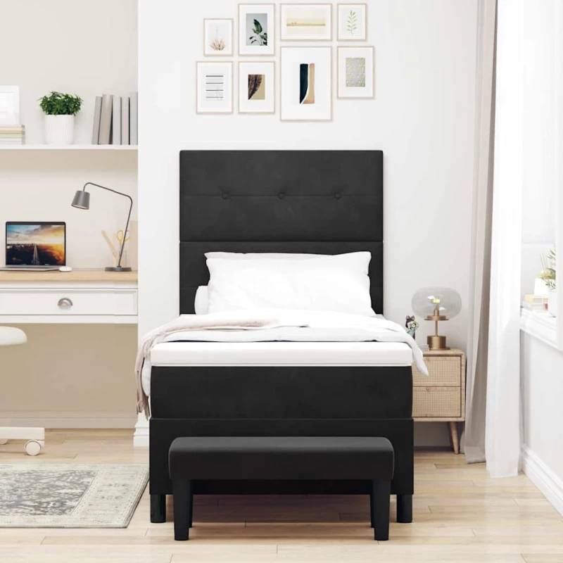 vidaXL Κρεβάτι Box Spring με Στρώμα & Παγκάκι Μαύρο 90x200 εκ Βελούδο