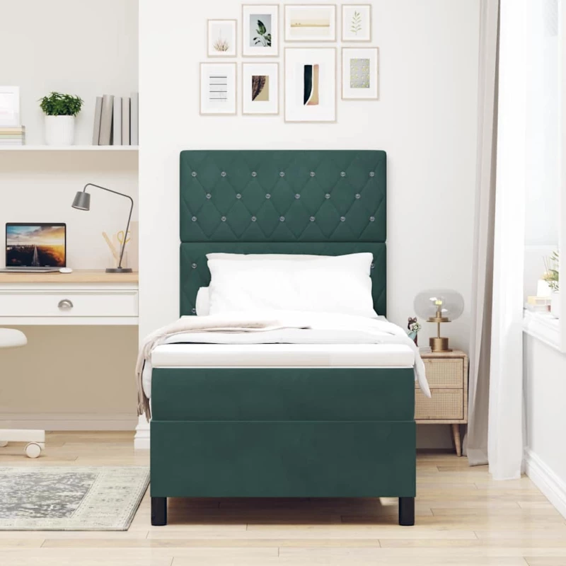 Κρεβάτι Box Spring με Στρώμα vidaXL Σκούρο Πράσινο 90x200 εκ. Βελούδο