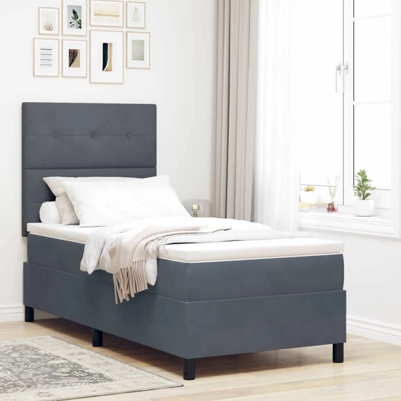 Κρεβάτι Box Spring vidaXL με Στρώμα & LED Σκούρο Γκρι 90x190 εκ. Βελούδο