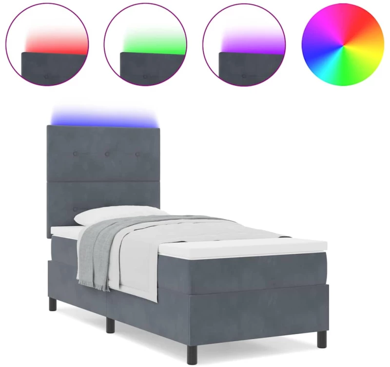 Κρεβάτι Box Spring vidaXL με Στρώμα & LED Σκούρο Γκρι 90x190 εκ. Βελούδο