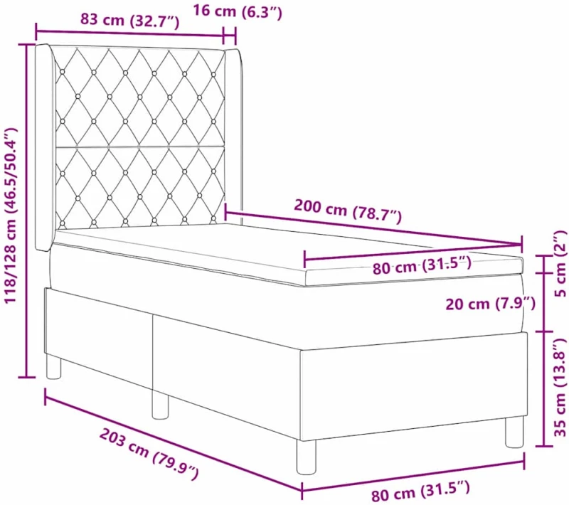 Κρεβάτι Box Spring με Στρώμα vidaXL Στενό Γκρι 80x200 εκ. Βελούδο