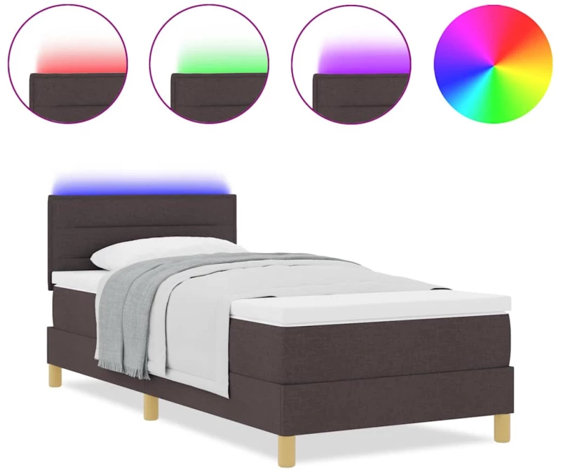 vidaXL Κρεβάτι με Στρώμα και LED Σκούρο Καφέ 90x200 εκ. Ύφασμα