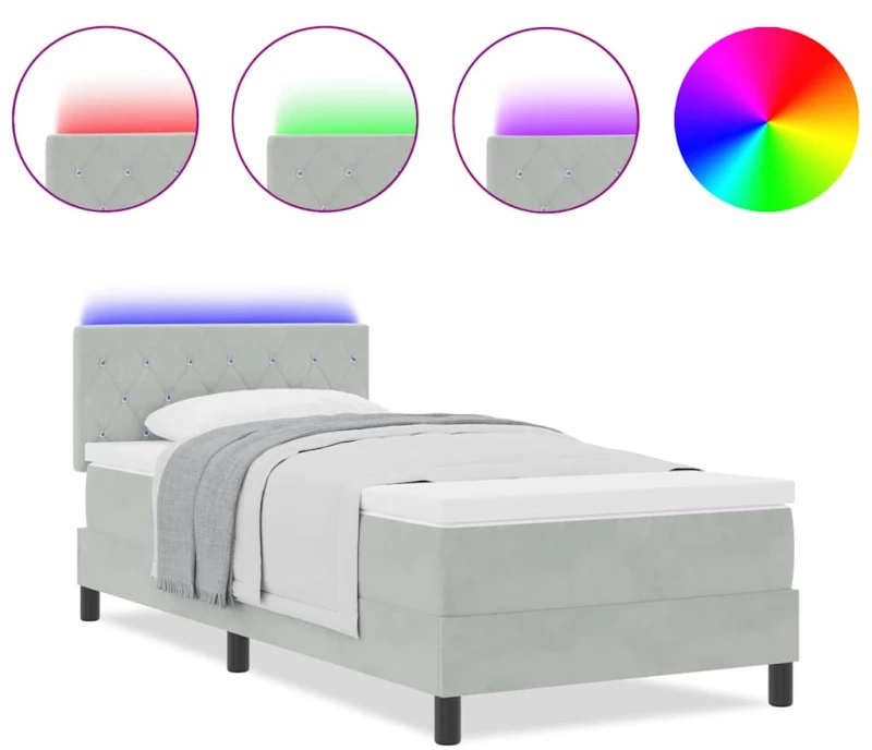 vidaXL Κρεβάτι Box Spring με Στρώμα & LED Φως Γκρι 90x200 εκ Βελούδο