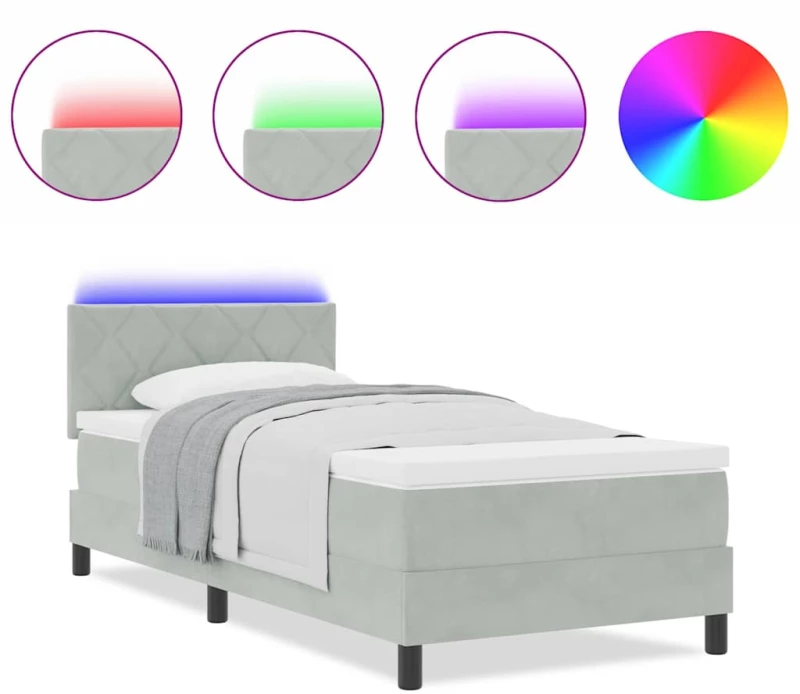 vidaXL κρεβάτι τύπου box spring με στρώμα & LED φως Γκρι 90x190 εκ Βελούδο
