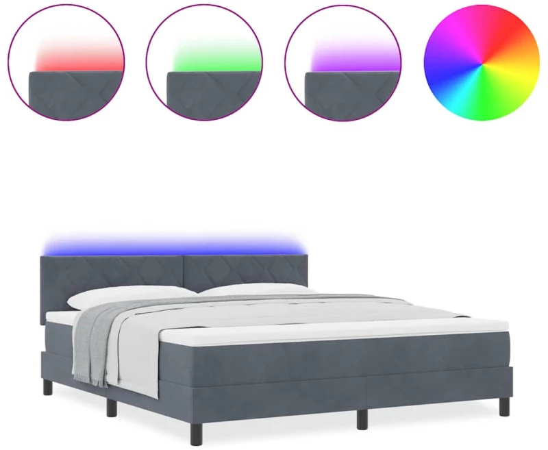 vidaXL Κρεβάτι Box Spring με Στρώμα & LED Σκούρο Γκρι 180x200 εκ Βελούδο