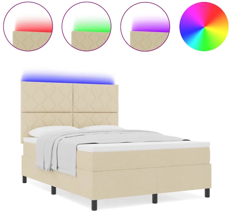 vidaXL Κρεβάτι με ελατήρια και στρώμα & LED, κρεμ, 140x190 εκ., ύφασμα