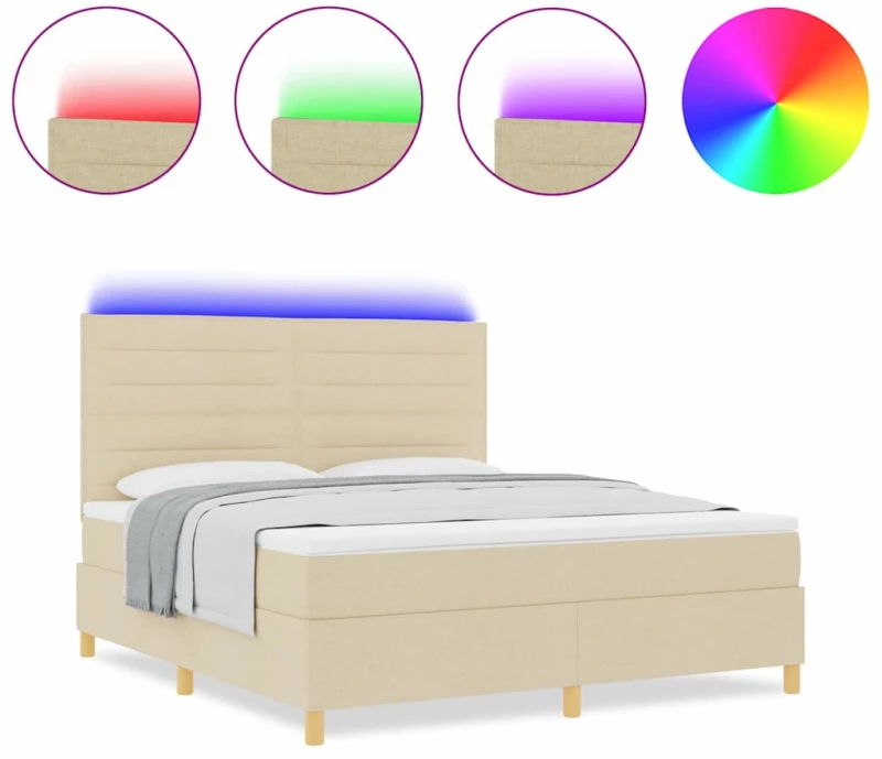 vidaXL Κρεβάτι Box Spring με Στρώμα & LED Κρέμα 180x200 εκ. Ύφασμα