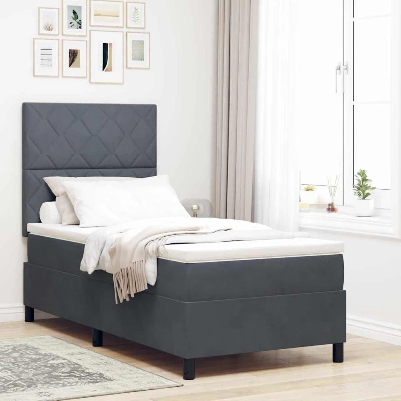 κρεβάτι Box Spring με στρώμα & LED vidaXL Σκούρο Γκρι 90x190 εκ Βελούδο