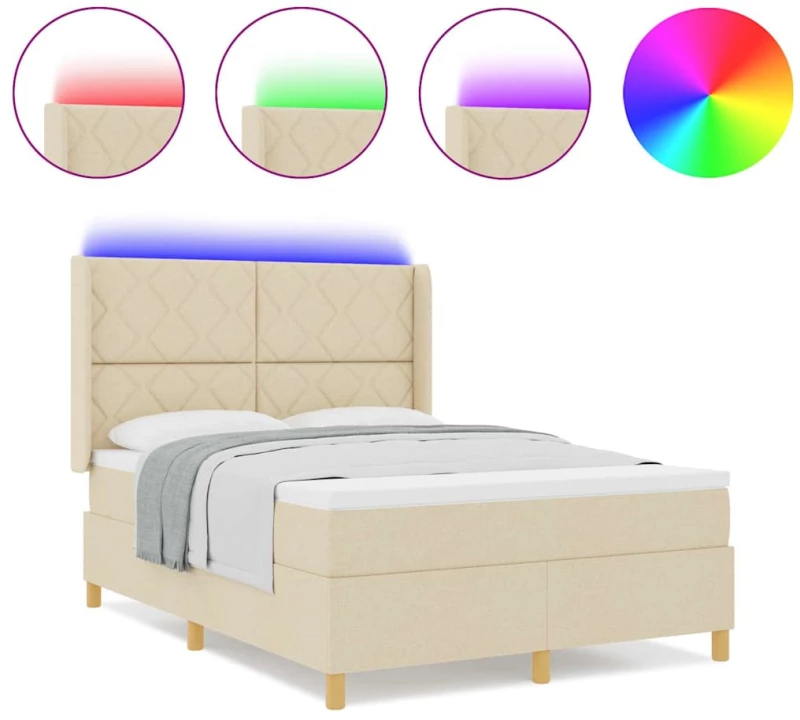Κρεβάτι Box Spring με Στρώμα & LED κρέμα 160x200 εκ ύφασμα