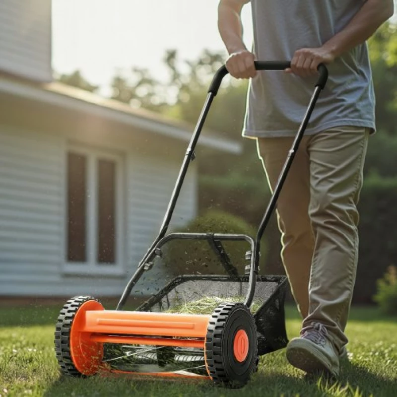 VEVOR 14" Push Reel Lawn Mower 5-Blade Adjustable Height Grass Catcher 2 Wheels