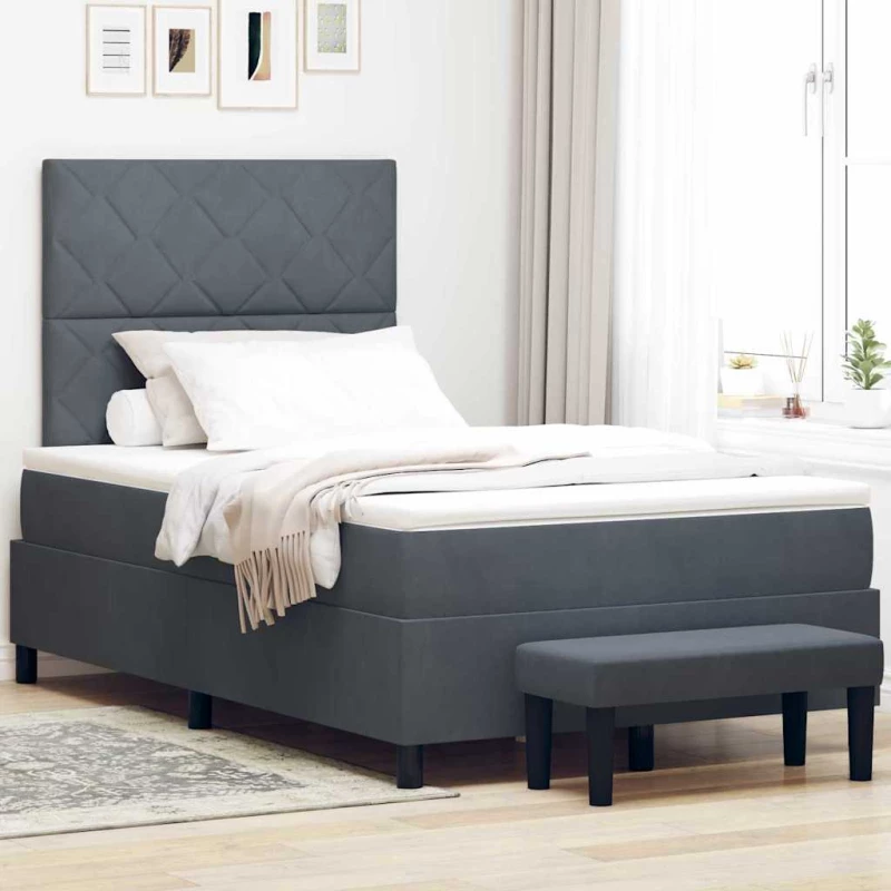 vidaXL Box Spring Bed με Μαξιλάρι & Πάγκο Σκούρο Γκρι 120x190 εκ. Βελούδο