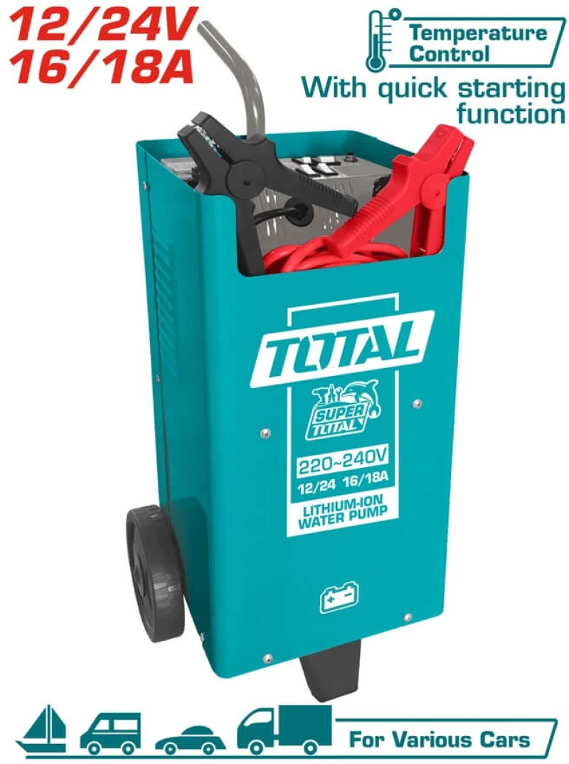 TOTAL Φορτιστής - Εκκινητής μπαταριών 12/24V / 16-18A / 70-300Ah (TBC2201)