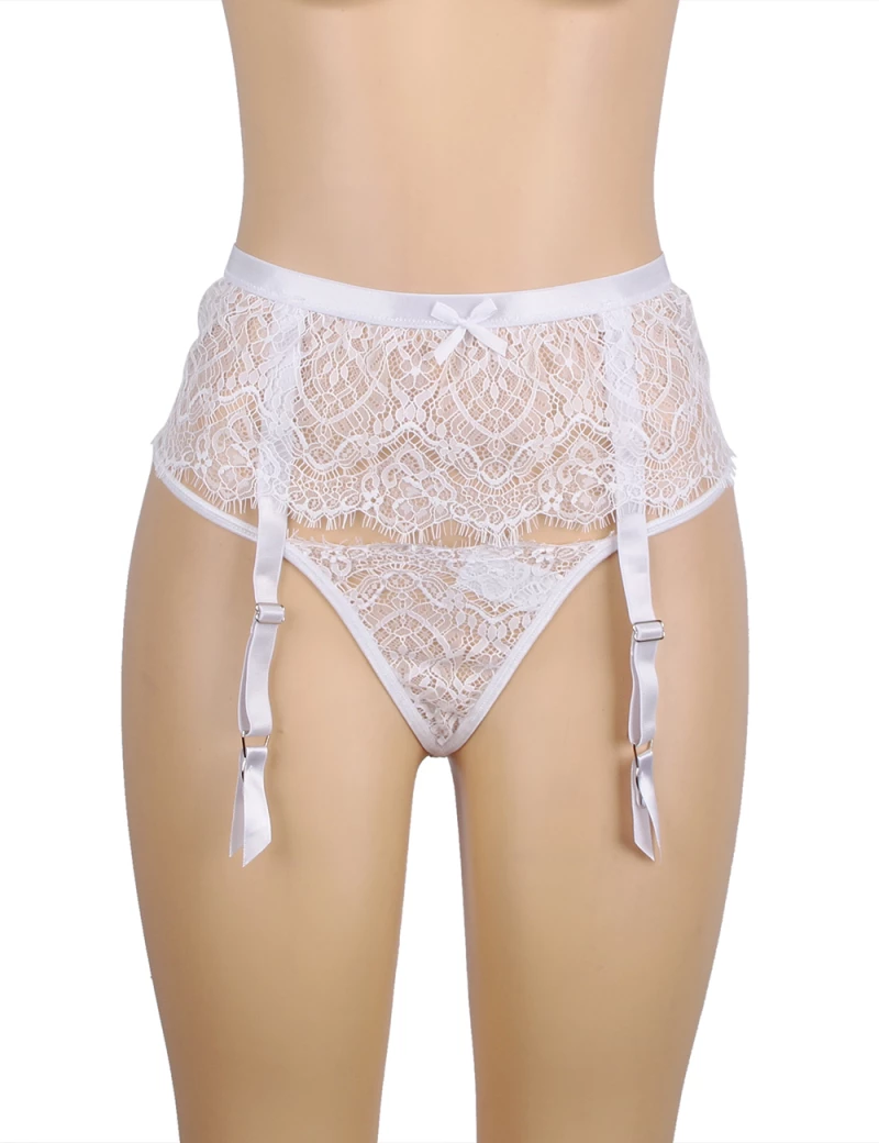 White Eyelash Lace High Waist Metal Button Garter Belt Panty