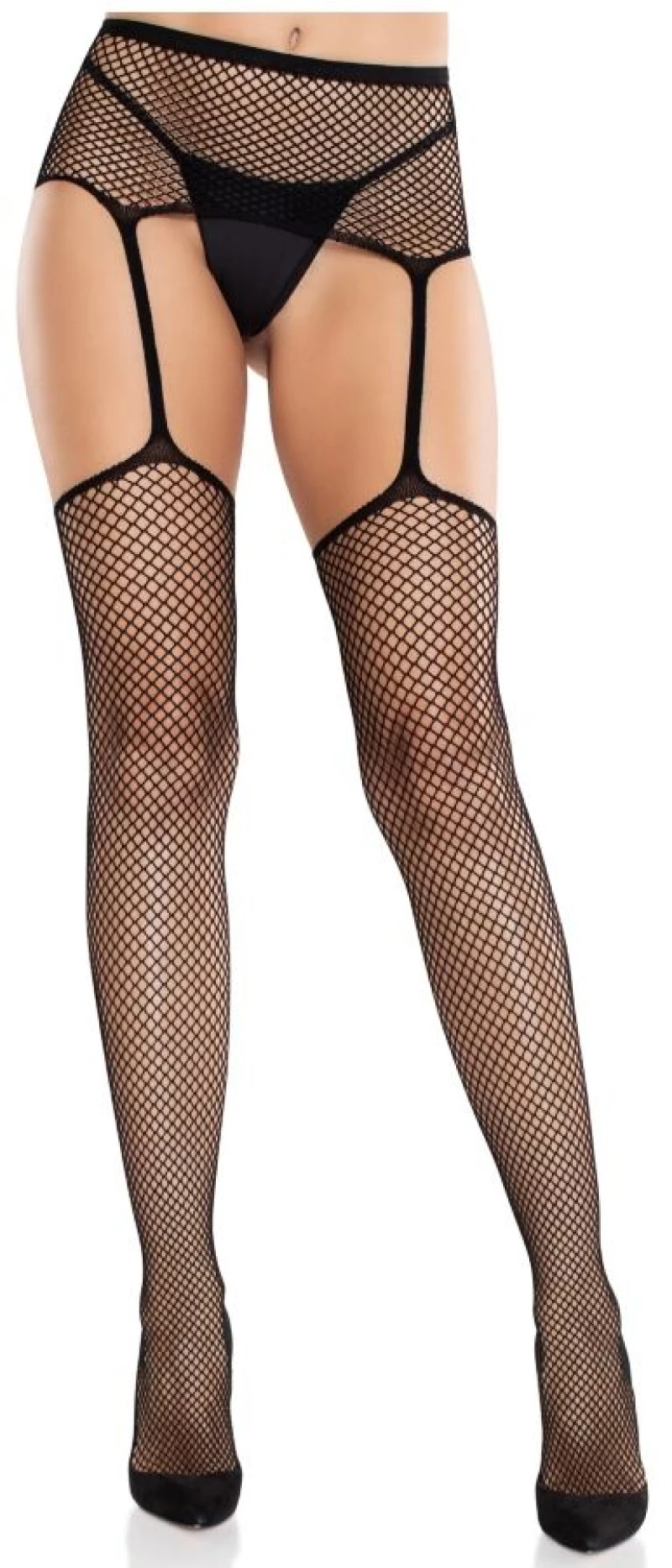 LEG AVENUE - LACE STOCKINGS WITH CROSS AND GARTER BELT BLACK