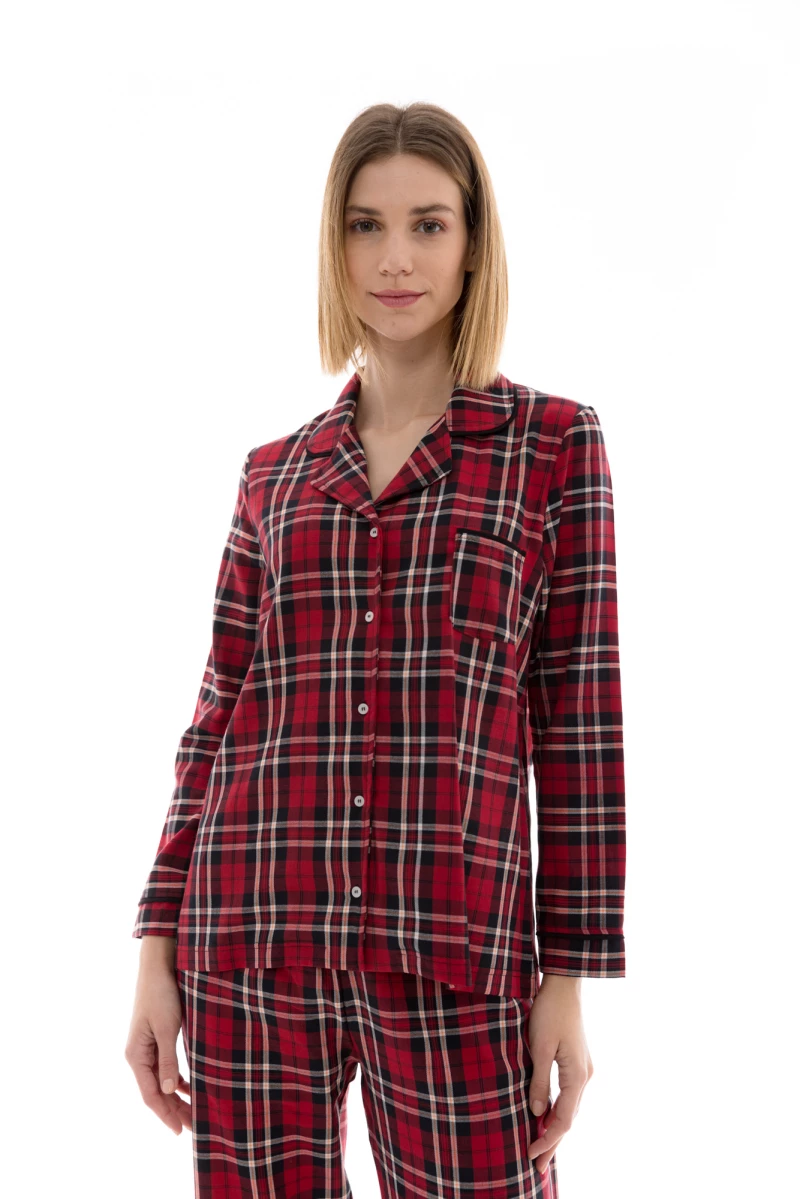 Γυναικεία Πυτζάμα Pink Label - Σεμιζιέ - Κόκκινο καρό - Cotton - Regular Fit