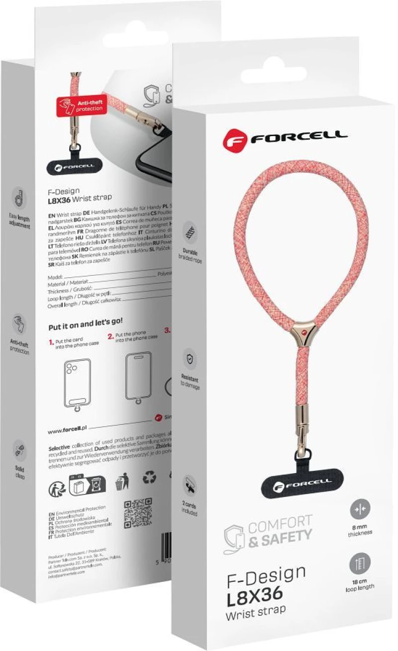 Forcell F-Design L8X36 Wrist Phone Lanyard With Adjustable Length (Max 18Cm In The Loop) Pink White