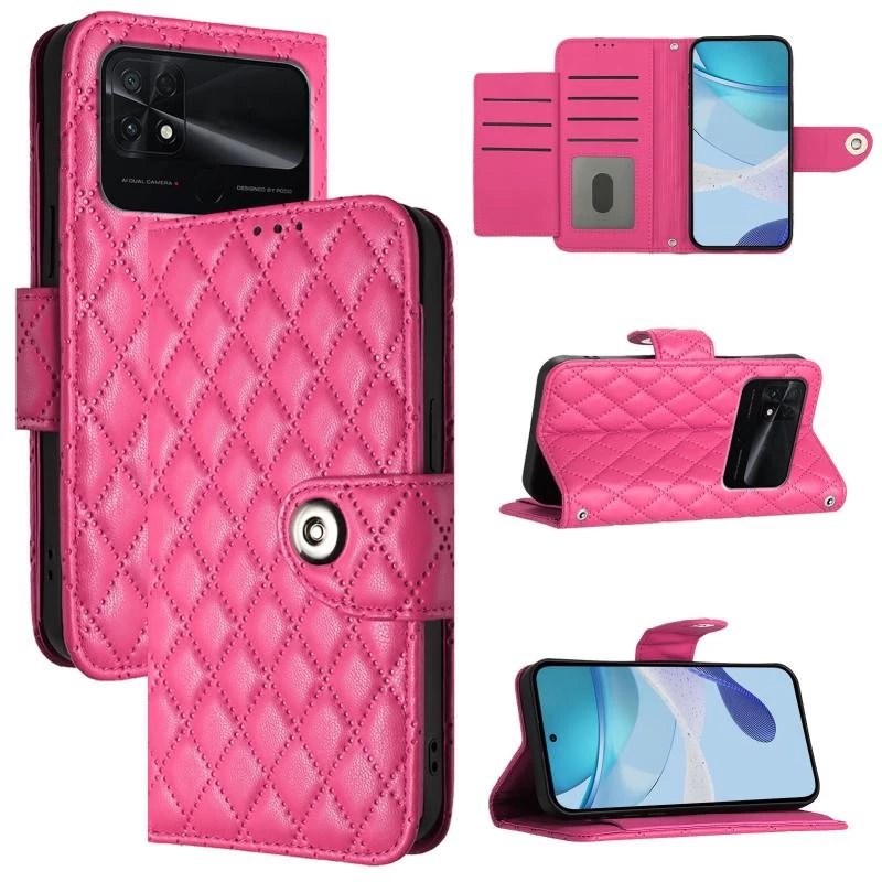 Για το Xiaomi Poco C40 Rhombic Texture Flip δερμάτινη θήκη τηλεφώνου με κορδόνι (Rose Red)