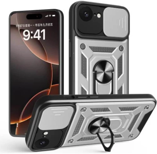 Θήκη iPhone 16e Bodycell Armor Slide Ανθεκτική με Κάλυμμα για την Κάμερα & Μεταλλικό Ring Holder - Silver (5206015080180)