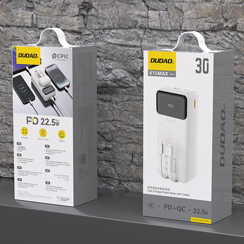 Dudao K15MAX 30000mAh PD 22.5W Powerbank with Built-in Cables - White