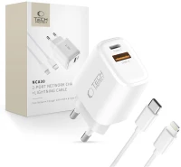 Tech-Protect NCA30 PD 30W QC3.0 USB-A / USB-C Wall Charger + USB-C / Lightning Cable 100cm - White
