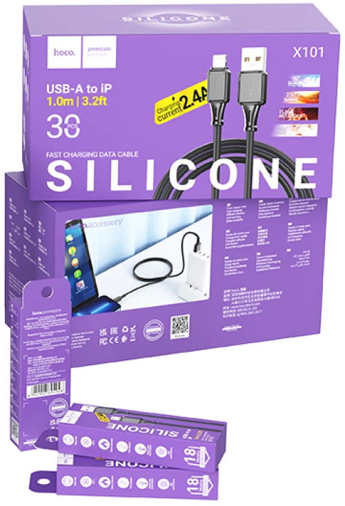 Καλώδιο Σύνδεσης Hoco X101 Silicon Assistant USB-A σε Lightning Fast Charging 2.4A Μαύρο 1m Σετ 30 τμχ