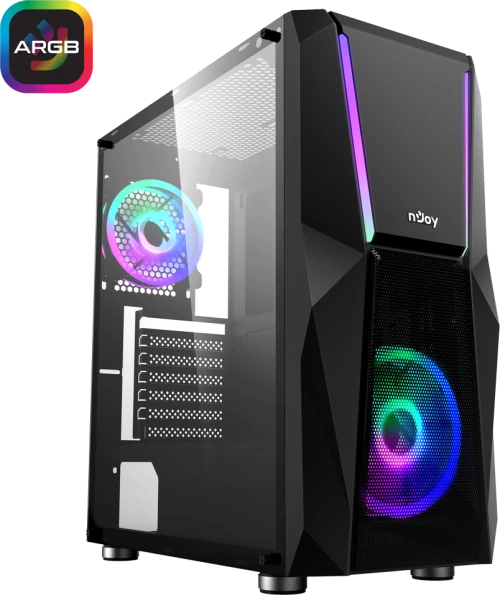 NJOY CSMD-E000UFO-BL01B Fort Gaming Midi Tower Κουτί Υπολογιστή με Πλαϊνό Παράθυρο και RGB Φωτισμό Μαύρο