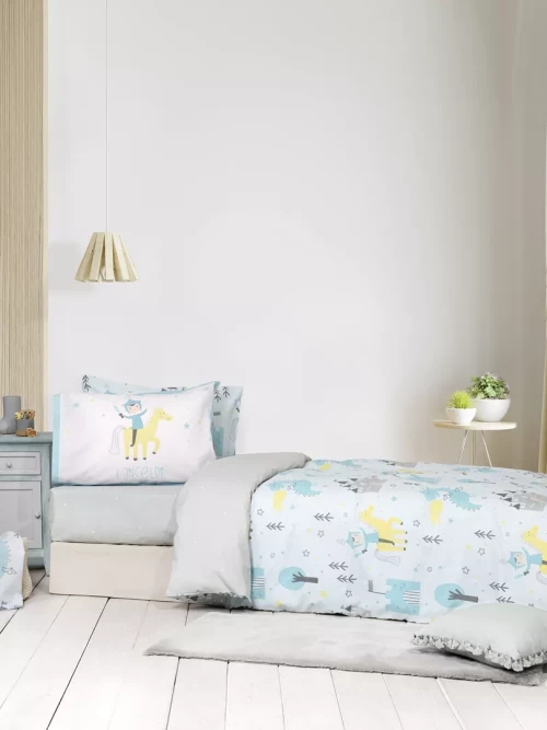 Σετ Σεντόνια Lancelot Γαλάζιο, Γκρι Μονά με λάστιχο (1 x 100x200+30 + 1 x 170x255 + 1 Μαξιλαροθήκη 52x72)