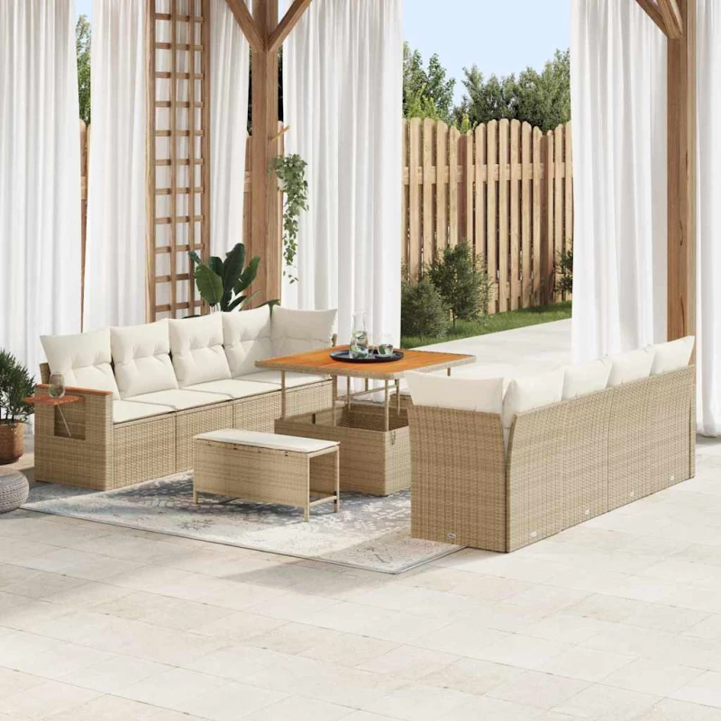 vidaXL Σετ Καναπέ Κήπου με μαξιλάρι 11 pcs Μπεζ Πολυ ράταν