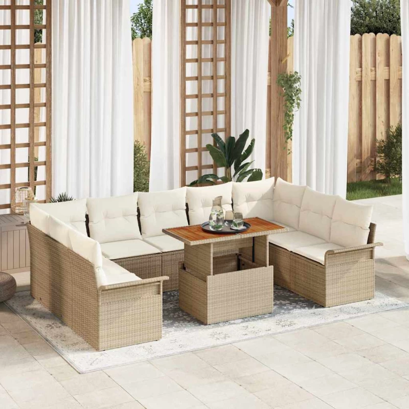 vidaXL Σετ Καναπέ Κήπου με αποθήκευση 10 pcs Μπεζ Πολυ ράταν