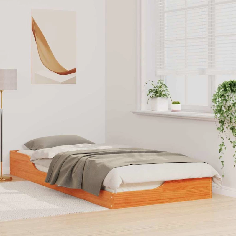 vidaXL Κρεβάτι δαπέδου Καφέ κεριού 90 x 210 cm Μασίφ ξύλο πεύκου